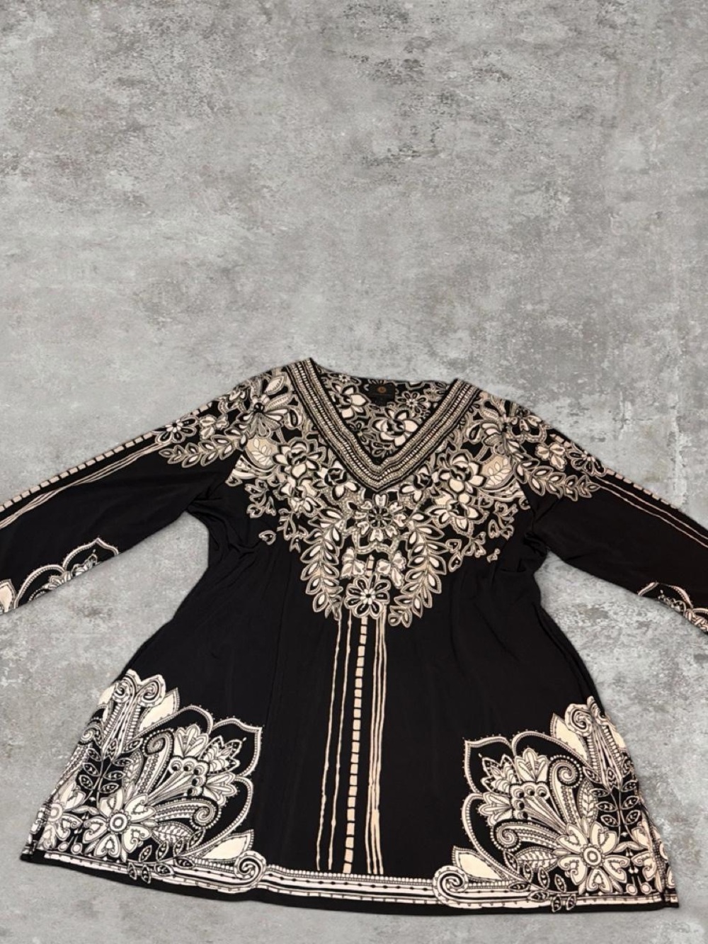JM Collection Black Tunic with Cream Floral Embellishment